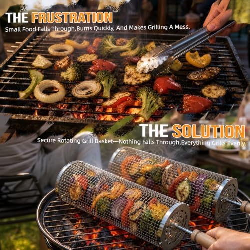 Rolling Grill Basket for BBQ, Removable Wooden Handle, Gifts for Men Dad - Image 4