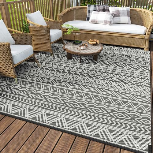 MontVoo Outdoor Rug Carpet Waterproof 5x8 Outdoor Patio Rug Mat Reverisble Plastic Straw Outdoor Rug for RV Camping Picnic Beach Balcony Boho Grey by MontVoo