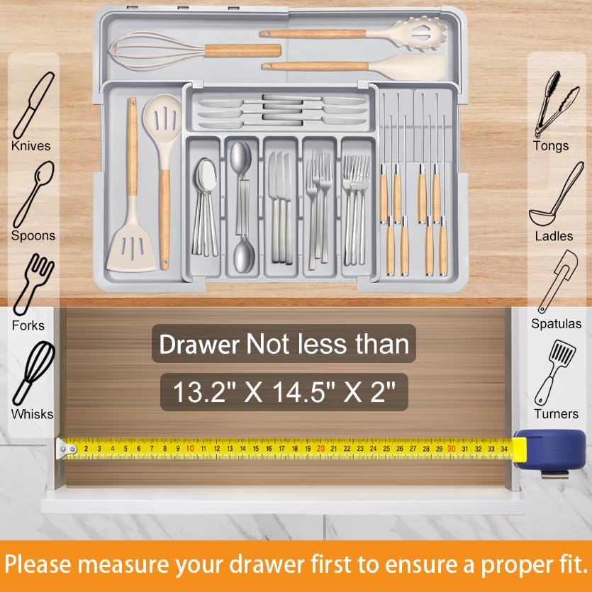 Silverware Drawer Organizer for Kitchen, Adjustable Utensil Drawer Organizer with 2 Knife Block, BPA Free Flatware and Cutlery Holder, Expandable Plastic Storage for Spoons Forks Knives(Grey) - Image 5