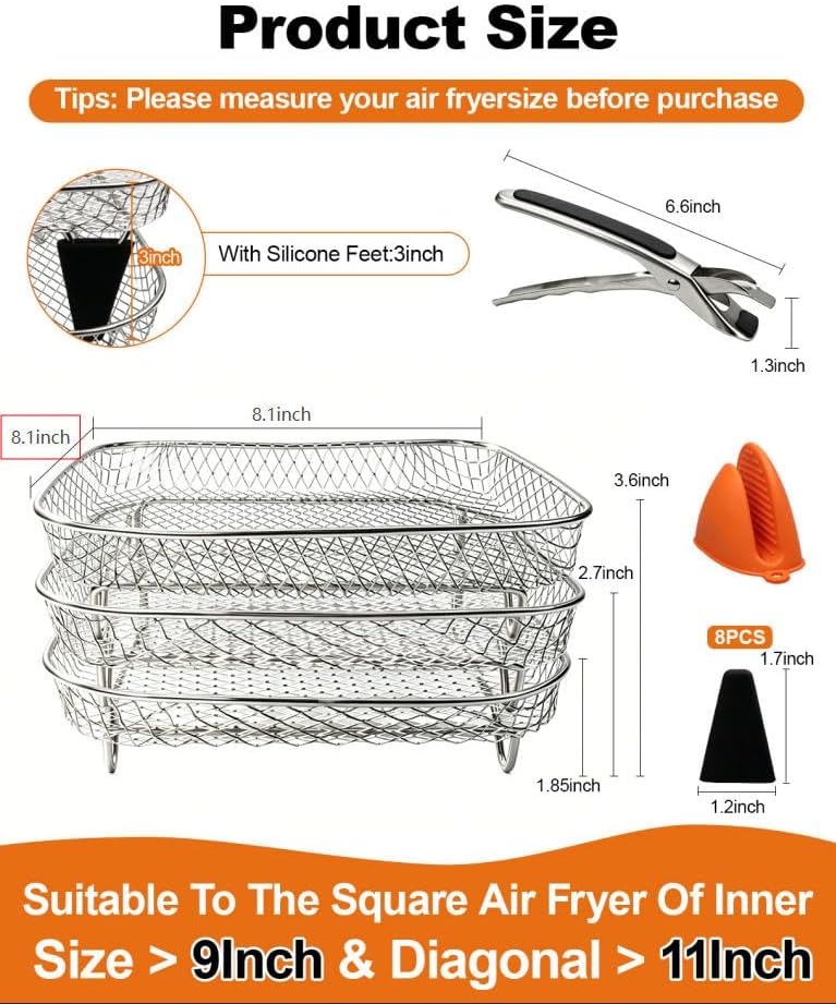Air Fryer Accessories 9-Pcs – 8.1" Square 3-Tier Stackable Dehydrator Racks for Cosori, Instant Vortex, and Ninja Foodi Grill – 304 Stainless Steel Grill Rack Compatible with 6-8QT Air Fryer, Oven - Image 6