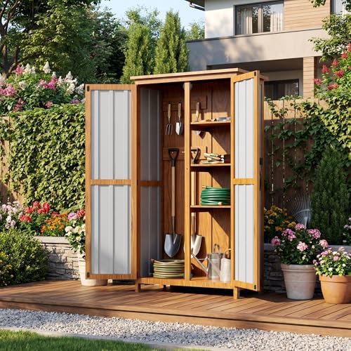 Devoko Metal & Wood Weatherproof Garden Storage Tall Shed with 3 Adjustable Shelves, Lockable Outdoor Patio Cabinet, Waterproof Yard Organizer for Lawn Gear and Garden Tools, Black - Image 6