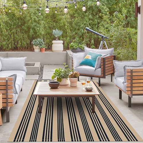 IOHOUZE 5x7 Striped Area Rug, Washable Indoor Outdoor, Black Tan - Image 4