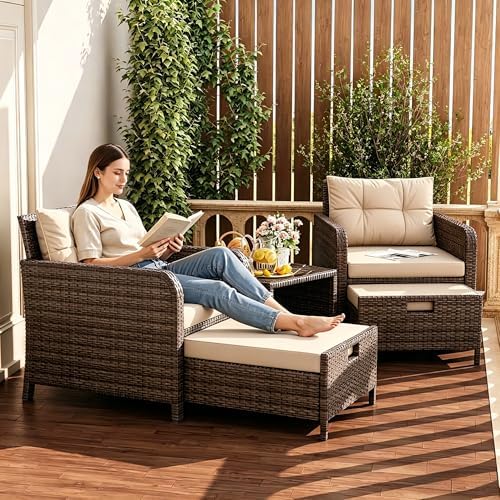 LHBcraft 5 Piece Patio Furniture Set, PE Wicker Outdoor Furniture Set with Soft Cushions & Coffee Table, Outdoor Lounge Chairs with Ottoman for Porch, Lawn, Balcony, Khaki-Beige by LHBcraft-US