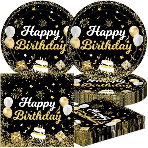 40Pcs Black Gold Glitter Happy Birthday Party Decorations Paper Plates and Napkins for Adult Men Women Birthday Celebrations,Suitable for 20 Guests by UkralMagic