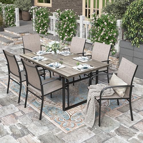 HERA'S HOUSE 7pc Outdoor Patio Dining Set, Wood-Look Metal Table, Brown by HERASHOUSE
