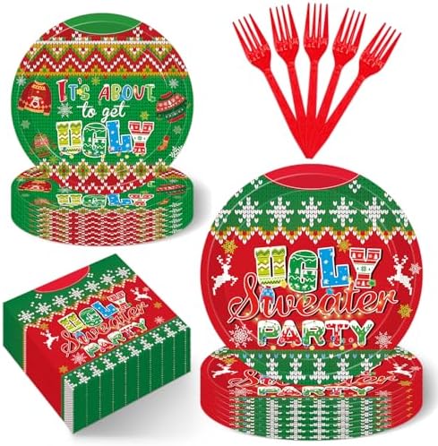 96Pcs Ugly Sweater Paper Plates Napkins Set for 24 Guests by Lianxuia