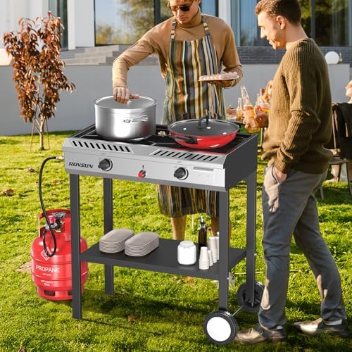 ROVSUN 2 Burner Propane Stove with Auto Ignition, 150,000 BTU Gas Stove with Storage Shelf, Rolling Wheels & Regulator for Home Outdoor Backyard Camping Cooking Frying Brewing Canning - Image 7