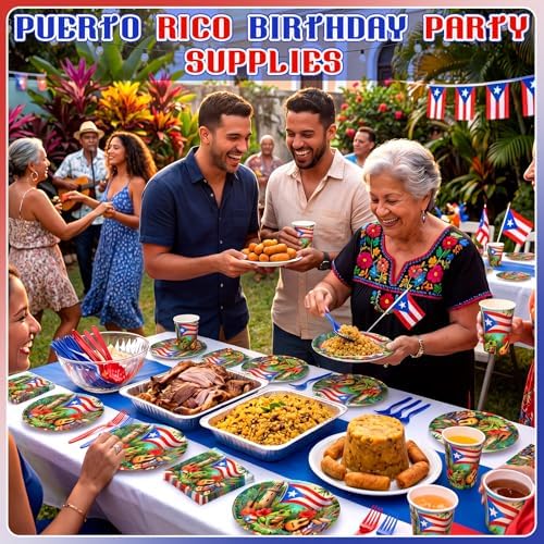 FoldTier 350 Pcs Puerto Rico Party Supplies Disposable Paper Plates Napkins Cups Puerto Rico Theme Birthday Party Decorations Tableware Flag Frog for Holiday Festival Family Friends Serve 50 Guests - Image 5