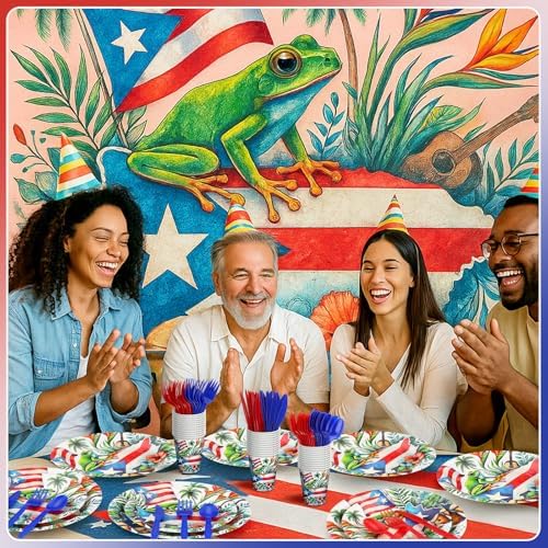 FoldTier 350 Pcs Puerto Rico Party Decoration Disposable Paper Plates Napkin Cup Puerto Rico Latin Birthday Tableware Tropical Fiesta Flag Coqui Frog for Summer Bachelorette Pool Party Serve 50 Guests - Image 4