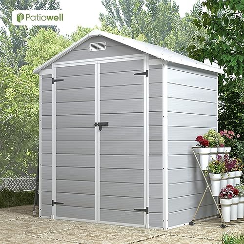 Patiowell 6x4 FT Resin Outdoor Storage Shed with Floor, Light Gray - Image 5