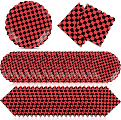 Roshtia 120 Pcs Black Red Checked Plates and Napkins, Racing Party Decor by Roshtia