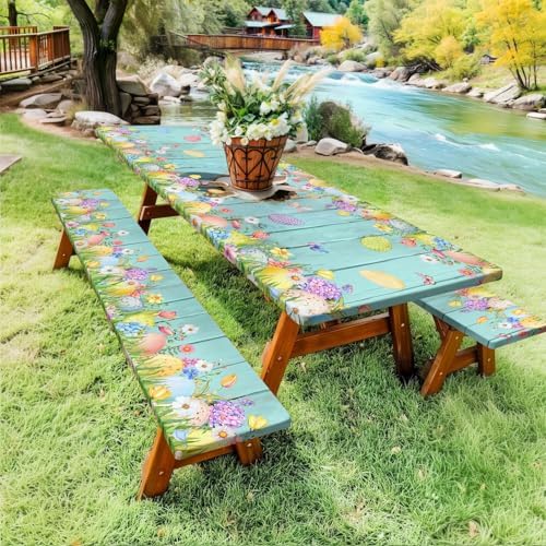 Easter Picnic Table Cover with Bench Covers, Cute Bunny Flower Blue Wooden Board Camping Tablecloth, Waterproof Windproof, Fitted Tablecloth Cover with Elastic Edge, for Outdoor, 3 PCS, 30x96 Inch - Image 3