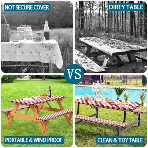 Picnic Table Cover with Bench Covers and Bag, Red and White Checkered Gingham Buffalo Plaid Camping Tablecloth Waterproof Windproof Elastic Edges Fitted Tablecloths for Outdoor Garden 3PCS 30x60 Inch - Image 4