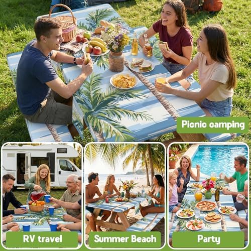 Picnic Table Cover with Bench Covers Waterproof Elastic Rectangle Reusable Folding Tablecloth Manteles Mantelería Camping Essentials Rv Car Travel Supplies Table Cloth Outdoor Road Trip Camper Gifts - Image 6