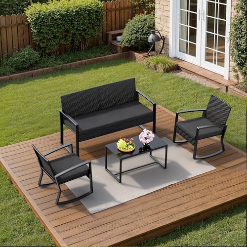 Ahomly 4 Piece Outdoor Patio Furniture Set with Rocking Chairs, Black - Image 6