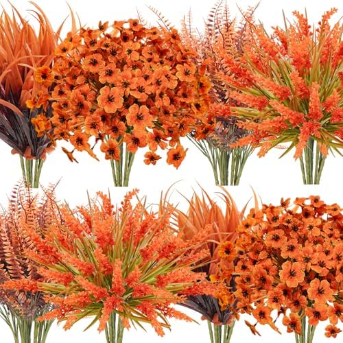 Faux Fall Flowers Outdoor, 16Pcs Artificial Fall Flowers UV Resistant Autumn Plastic Flowers Plants Fall Greenery Shrubs for Outside Porch Patio Garden House Thanksgiving Decor by Ruidazon