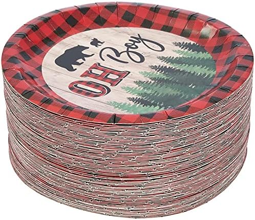 BLUE PANDA Lumberjack Paper Plates - 7-inch Round, Pack of 80, Black & Green Rustic Plaid - Buffalo Plaid Dessert Plates for Baby Boy Shower Party Pack - Image 3