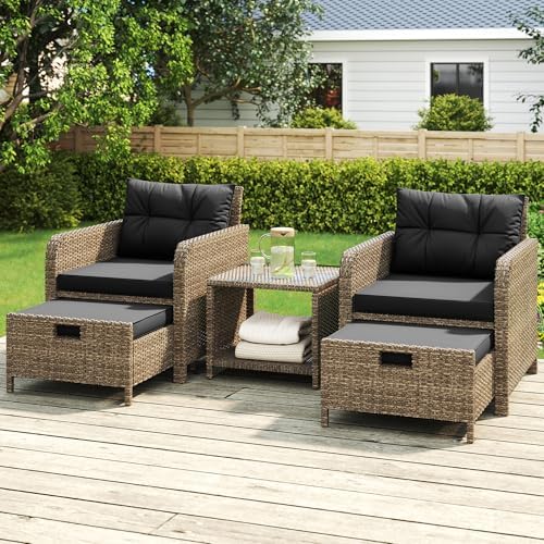 LHBcraft 5 Piece Patio Furniture Set, PE Wicker Outdoor Furniture Set with Soft Cushions & Coffee Table, Outdoor Lounge Chairs with Ottoman for Porch, Lawn, Balcony, Sand-Black - Image 2