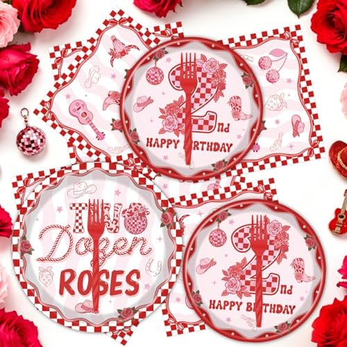 Two Dozen Roses 2nd Birthday Theme Decorations, 96PCS 2nd Birthday Disposable Paper Plates and Napkins Party Decorations for Girl, Pink Floral Western Theme Forks Tableware Set Serves 24 - Image 6