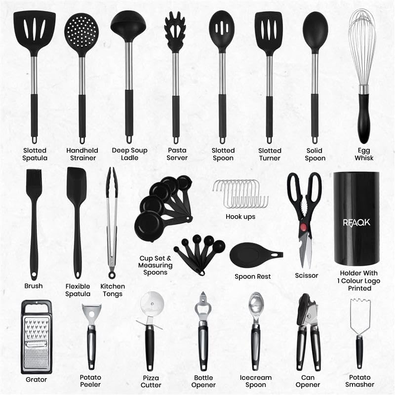 40PCs Silicone Cooking Utensils Set 446℉ Heat Resistance, RFAQK BPA Free Kitchen Utensils Set for Nonstick Cookware, Gadgets includes Can Opener, Potato Smasher,Peeler,Tongs,Spatula Set,Pizza Cutter - Image 3