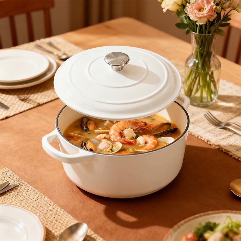 7 QT White Enameled Cast Iron Dutch Oven with Lid - Image 6