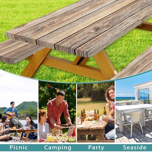 Picnic Table Cover with Bench Covers Camping Essentials Farmhouse Waterproof Windproof Wood Grain Camping Tablecloth Fitted Tablecloth Cover with Elastic Edge for Indoor & Outdoor 3 PCS 30x96 Inch - Image 3