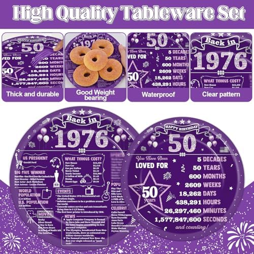 96PCS 50th Birthday Party Paper Plates and Napkins Set for Retro 50 Years Old Party Purple Paper Plates Disposable Decor Back in 1976 Parties Set for Kids Birthday Gatherings Decorations - Image 3