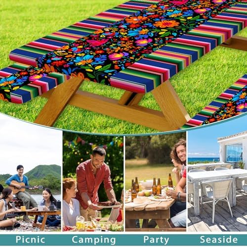 Mexico Picnic Table Cover with Bench Covers and Bag, Camping Essentials, Cinco De Mayo Fiesta Stripes Fitted Table Cover, 6ft Outdoor Tablecloth Waterproof Windproof with Elastic Edge 3 PCS 30x60 Inch - Image 3