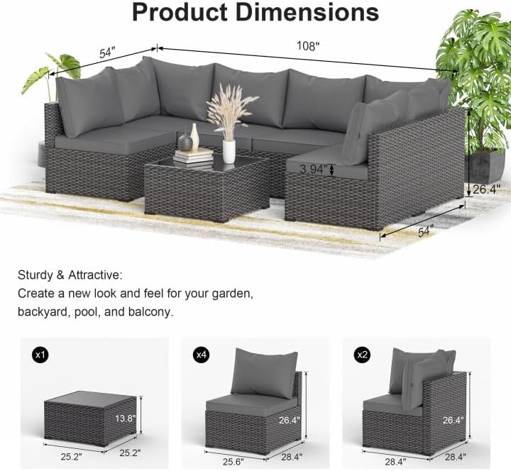 Patio Furniture Set, 7PCS Outdoor Sectional PE Rattan Patio Conversation Set w/Thickened Cushion Modular Wicker Patio Sofa Set w/Coffee Table for Balcony, Backyard(Grey) - Image 4