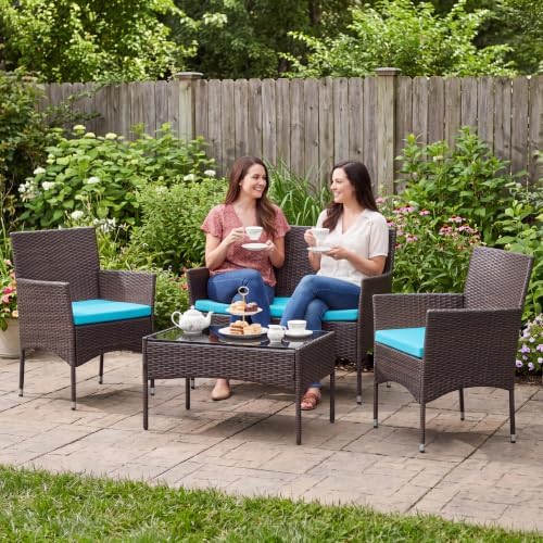 Greesum 4 Pieces Patio Furniture Conversation Sets,Brown and Blue - Image 2