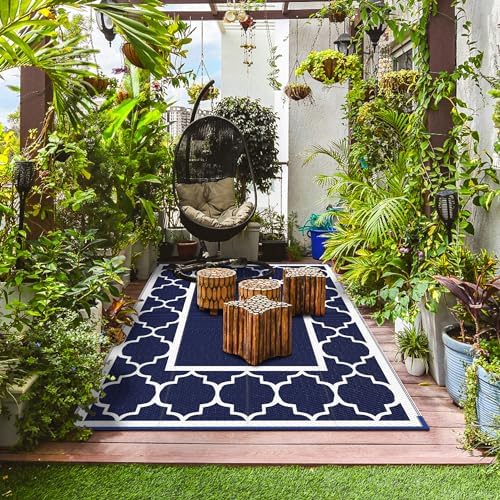 GENIMO Outdoor Rug, Waterproof Plastic Rugs for Patio, 5'x8' Blue White - Image 5