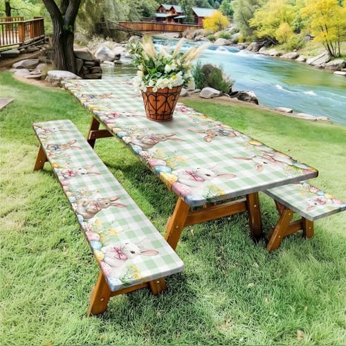 Easter Picnic Table Cover with Bench Covers, Camping Essentials, Easter Buffalo Plaid Rabbit Eggs Flower Outdoor Table Covers, Waterproof, Fitted Tablecloth Cover with Elastic Edge, 3 PCS, 30x96 Inch - Image 3