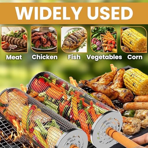 2 XL Rolling Grill Basket For Veggies Removable Wooden Handle 304 Stainless Steel Nesting Smoker Net BBQ Grilling Accessories Tools Kebab Fish Vegetable Steamer Basket Camping Cooking Outdoor Kitchen Food Rotisserie Barbeque Cooking Grilling Gifts For ... - Image 4
