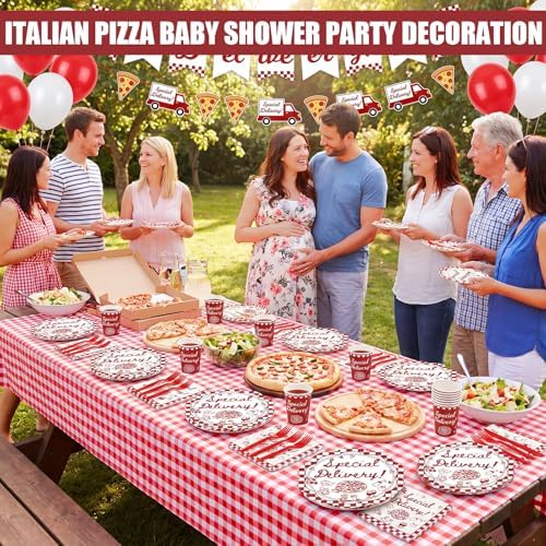 Zubebe 175 Pcs Special Delivery Pizza Baby Shower Tableware Set Serves 25 - Image 3