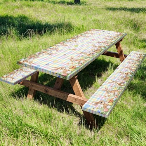 Easter Picnic Table Cover with Bench Covers, Camping Essentials, Easter Buffalo Plaid Bunny Eggs Flowers Outdoor Table Covers, Waterproof, Fitted Tablecloth Cover with Elastic Edge, 3 PCS, 30x72 Inch - Image 2