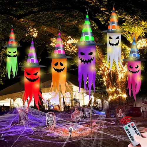 Remote Control 6 PCS Halloween Hanging Ghosts Outdoor Decor with Lights - Image 2