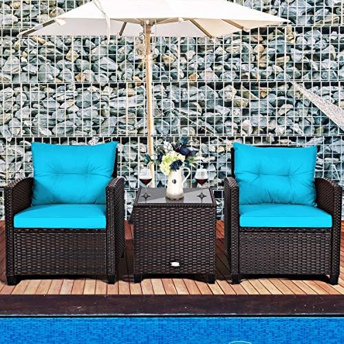 Tangkula 3 Pieces Patio Furniture Set, PE Rattan Wicker 3 Pcs Outdoor Sofa Set w/Washable Cushion and Tempered Glass Tabletop, Conversation Furniture for Garden Poolside Balcony (Turquoise) - Image 2