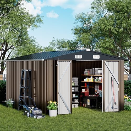 COMHOMA Shed Outdoor Storage Shed Metal,Lockable Doors Tool Sheds with Sloping Roof,Steel Garden Shed with Air Vent for Backyard,Patio,Lawn,Poolside (Brown, 10'x12') - Image 2