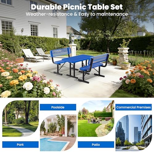 6FT Metal Picnic Tables for Outdoors, Commercial Rectangular Picnic Table for Outside, Park, Campfield, Patio, Garden, Yard, Thermoplastic Coating, Surface Mounted, Blue - Image 6