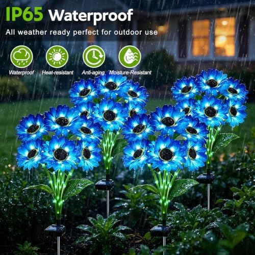 Solar Sunflower Lights Outdoor Garden Decor, 4 Pack Solar Blue Flowers Lights with 24 Sunflowers, Waterproof Fall Decor Stake Decorative Light Auto ON/Off for Garden Yard Patio, Gift for Women - Image 4