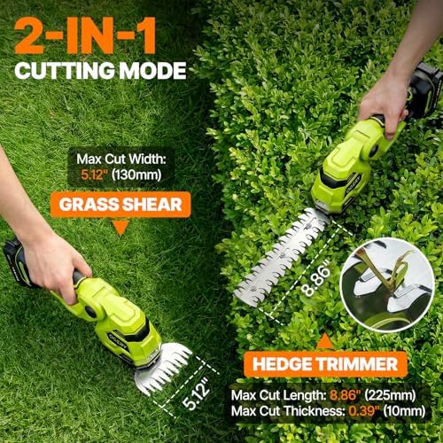 OGERY 21V Cordless Hedge Trimmer & Grass Shears, 2-in-1 Powerful Dual Batteries Electric Bush Trimmer with 8.9” Hedge Blade & 5.1” Grass Trimmer, Adjustable Angle, Lightweight for Garden & Lawn Care - Image 2