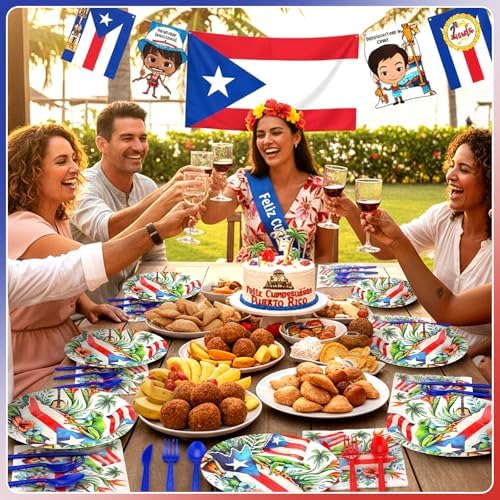 FoldTier 560 Pcs Puerto Rico Party Supplies Disposable Paper Plates Napkins Cups Puerto Rico Theme Birthday Party Decorations Tableware Flag Frog for Holiday Festival Family Serve 80 Guests - Image 6
