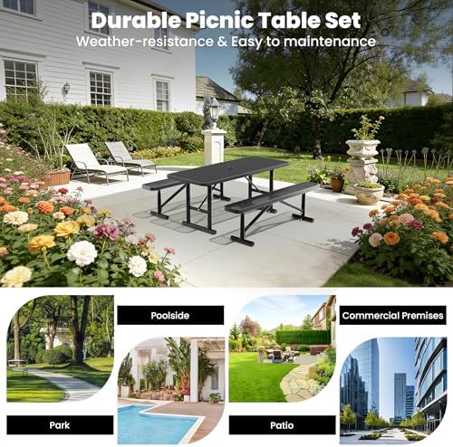 6FT Metal Picnic Tables for Outdoors, Commercial Rectangular Picnic Table for Outside, Park, Campfield, Patio, Garden, Yard, Thermoplastic Coating, Surface Mounted, Black - Image 7