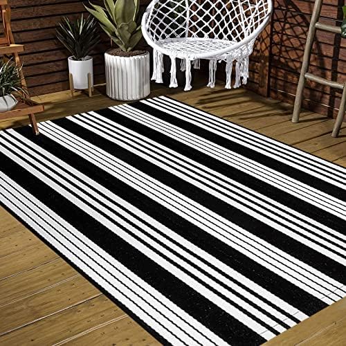Black and White Outdoor Patio Rug 4'x 6',Cotton Porch Outdoor Area Rug - Image 7