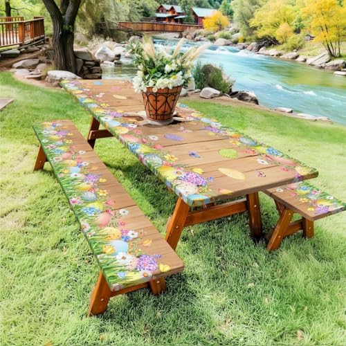 Easter Picnic Table Cover with Bench Covers, Cute Bunny Flower Brown Wooden Board Camping Tablecloth, Waterproof Windproof, Fitted Tablecloth Cover with Elastic Edge, for Outdoor, 3 PCS, 30x60 Inch - Image 3