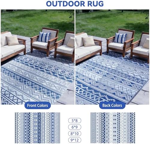 Outdoor Rug 8 x10 ft, Plastic Rug for Patio, Navy & White - Image 2
