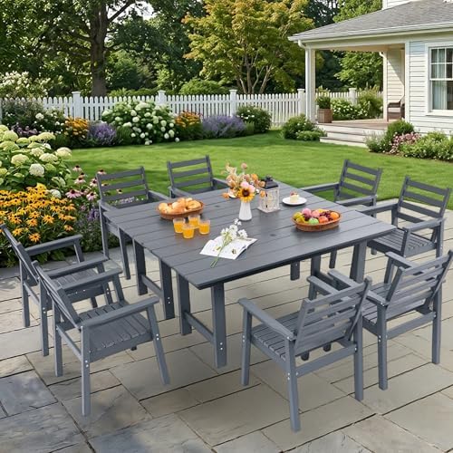 10-Piece Outdoor Dining Set, All-Weather HDPE Patio Furniture, Two 66.5" Slatted Table with 1.6" Umbrella Hole & 8 Ergonomic Armchairs, Heavy Duty 350lbs Capacity, UV Resistant, Gray by Unknown