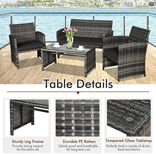 Goplus 4-Piece Rattan Patio Furniture Set, Outdoor Wicker Conversation Sofa with Weather Resistant Cushions and Tempered Glass Tabletop for Lawn Backyard Pool Garden (Black) - Image 3
