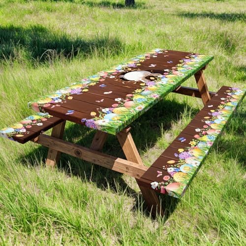 Easter Picnic Table Cover with Bench Covers Elastic Edges, Cute Bunny Flower Brown Wood Fitted Table Cover, Outdoor Patio Camping Essentials, Waterproof Camping Fitted Tablecloth, 3PCS, 30x72 Inch - Image 2