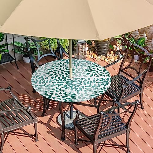 Fitted Round Tablecloth with Umbrella Hole and Zipper Abstract Nature Outdoor Elastic Table Cloth 45"-56" Oil-Proof Waterproof Green Nature Patio Table Cover for Picnic Party - Image 7